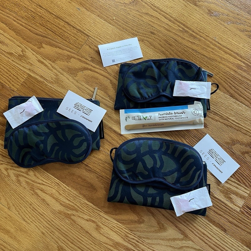 Lot of 3 Marimekko for Finnair Business Class Travel Kit Green/Blu Zip‎ Pouch